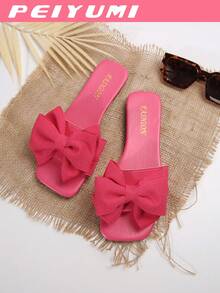 PEIYUMI Women's Bow Decor Slippers, Fashionable Summer Pink Flat Sandals - Hot Pink - View 6