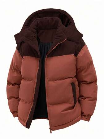 Men's Autumn/Winter Color Block Thickened Warm Hooded Padded Coat