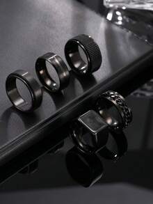 5pcs Stainless Steel Personalized Men's Ring Set, Includes 1 Chain, Matte Finish, Stress Relief Rings, Suitable For Men & Women, Daily Matching, Perfect Gift For Holidays, Dates