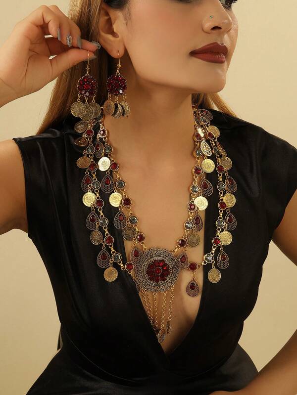 3pcs/Set 18K Gold Tassel Necklace, Earrings & Coin Jewelry Set, Multilayer Luxury Bridal Jewelry Gift Set For Wedding Party