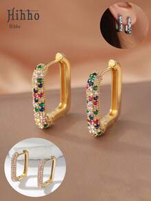 Hihho 2pcs European & American Styles Cubic Zirconia Inlaid Hoop Earrings, U-Shape Ear Cuffs, Round Earrings For Women, Fashion Minimalist Jewelry Accessories - Yellow Gold - View 10