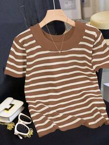 Plus Size Crew Neck Striped Contrast Color Casual Pullover Short Sleeve Knit Top - Brown - View 1