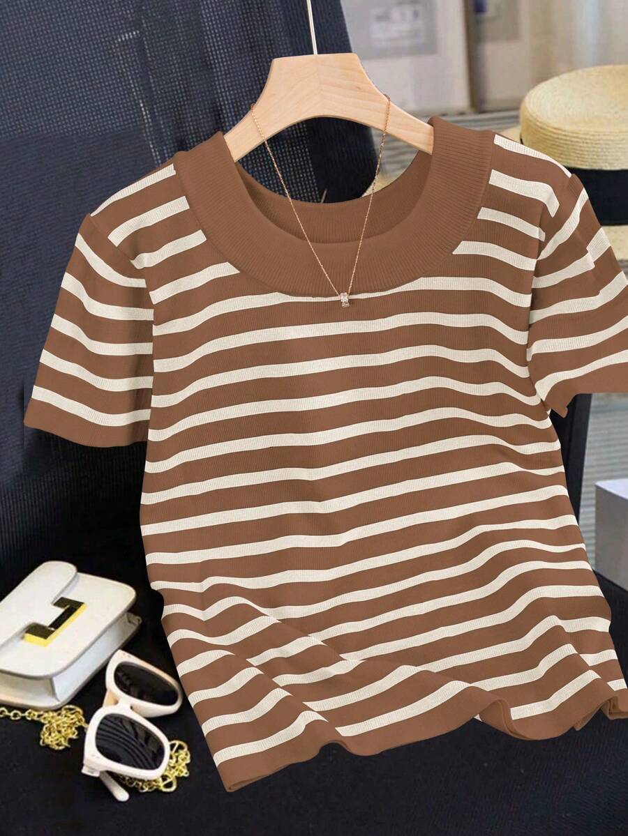 Plus Size Crew Neck Striped Contrast Color Casual Pullover Short Sleeve Knit Top - Brown - View 1
