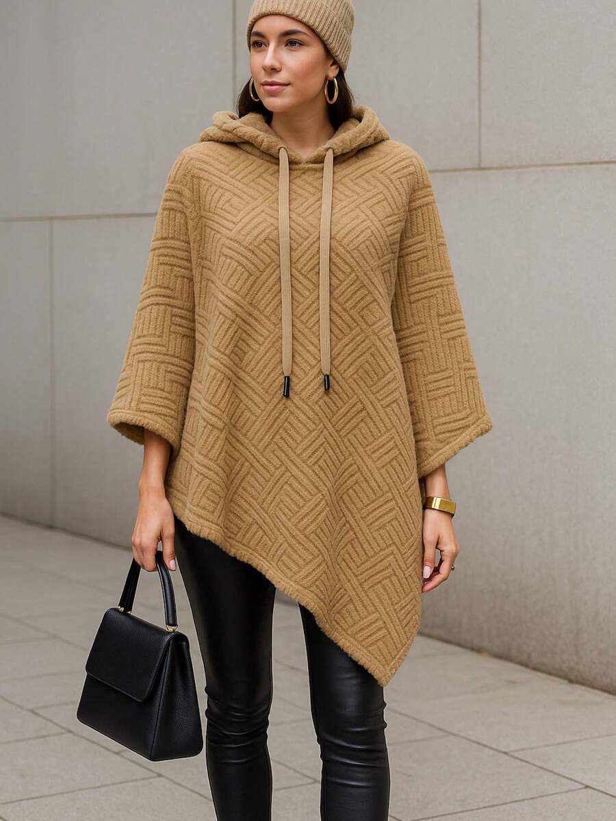 Capa poncho asimétrico largo con capucha para mujer, estilo casual, con detalles de cordón ligero sin forro - Camel - Ver 1