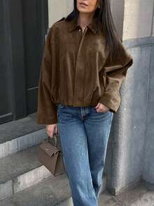 Women's Regular Faux Suede Long Sleeve Single-Breasted Loose Casual Jacket, Suitable For Spring Wear Women's Pocket Metal Button Short Military Green Jacket, Suitable For Spring And Autumn Wear - Brown - View 6