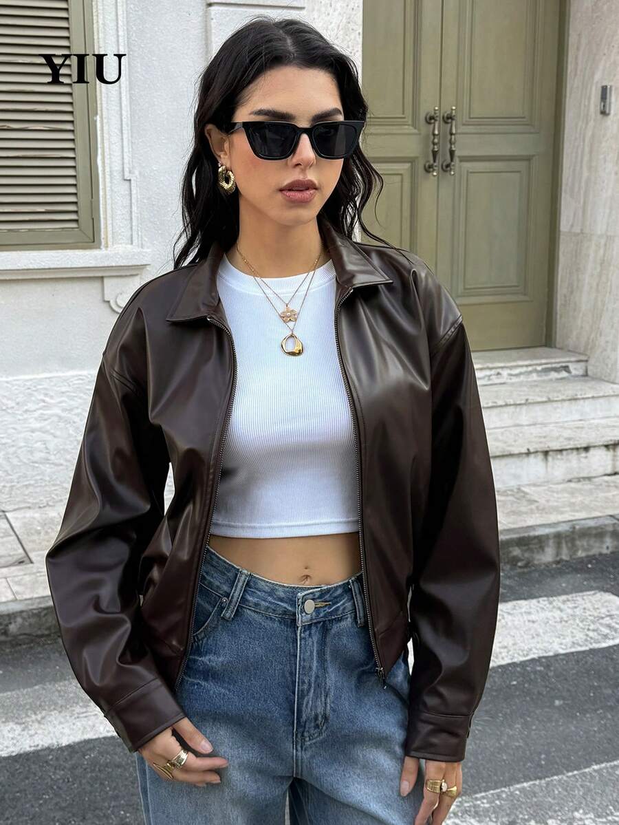 YIU Women Fashionable Brown PU Leather Jacket Long Sleeve Shirt Collar Drop Shoulder Regular Fit Non-Stretch Outerwear Women's Spring Coat Clothes For New Year - Coffee Brown - View 1