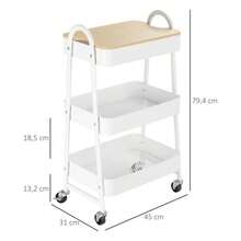 HOMCOM Kitchen Trolley, 3-Tier Metal Rolling Cart With Large Storage Space & Lid For Kitchen And Office, Steel, White, 45x31x79.4cm - White - View 2