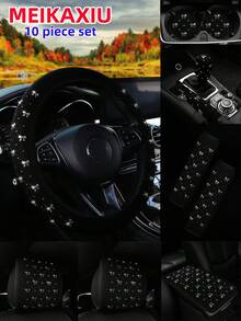 MEIKAXIU Bling Bling Bowknot Foil Decor Car Accessories Set, Including Steering Wheel Cover, Handbrake Cover, Gear Shift Cover, Shoulder Pad, Armrest Pad, Headrest Pad, Cup Holder Mat, Suitable For Women - Gold-stamped Small Bow - View 52