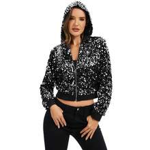 Women's Sequin Zip-Up Hooded Jacket With Ribbed Hem And Long Sleeves For Party Wear - Black and Silver - View 1