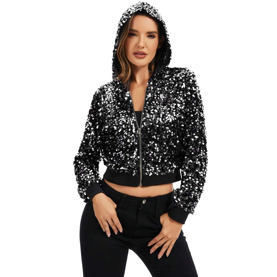 Women's Sequin Zip-Up Hooded Jacket With Ribbed Hem And Long Sleeves For Party Wear - Black and Silver - View 1