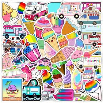 50PCS Summer Ice Cream Cartoon Aesthetics Graffiti Stickers, Suitable For DIY Water Cup,Handbooks,Skateboards, Luggage, Helmets, Self-Adhesive Graffiti Stickers