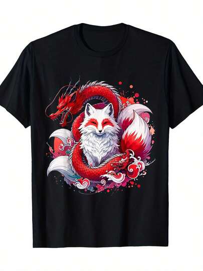 Camiseta de algodón 100% Dragón Zorro de Nueve Colas Kitsune Japonés