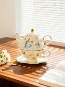 Juego de té: Taza + Platillo + Tetera + Cuchara. Exquisita tetera y taza de café de cerámica con diseño de Alicia en el País de las Maravillas y plantas, chapadas en oro. Juego de té minimalista inglés para la tarde. Juego de taza y tetera estilo palacio. Taza y platillo para té y café de la tarde. Taza de té para el hogar.