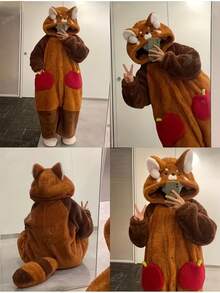 浣熊主题三件套女士睡衣套装，加厚保暖内衬，冬季连帽睡衣，珊瑚绒卡通可爱家居服浴室装饰 - 彩色 - 查看 9