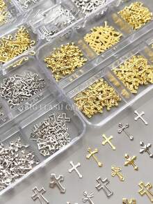 6-Grid Box Gold And Silver Classic European And American Style Luxury Metal Cross Nail Decoration Gothic Style Metal Diamonds Minimalist 3D Multifunctional Nail Jewelry Y2K Retro Cross Nail Accessories Nail Salon Artistic Decoration Nail Flash Metal Diamond Nail Gems Nail Supplies Nail Charms False Nail Decoration Accessories - Multicolor - View 2