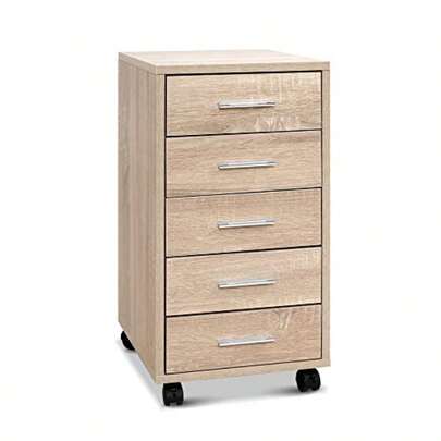 Artiss 5 Drawers Filing Cabinet Chest Of Drawer Desk File Storage Cabinets Wood Slim Locker Home Office Bedroom Furniture With Metal Suspension Rails Anti-Scratch Beige