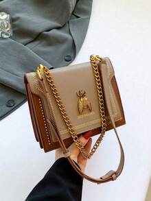 Retro Fashionable Niche Design Autumn/Winter New Arrival One Shoulder Diagonal Underarm Chain Contrast Color Women's Commuting High-Quality Double-Layer Small Square Bag - Khaki - View 9