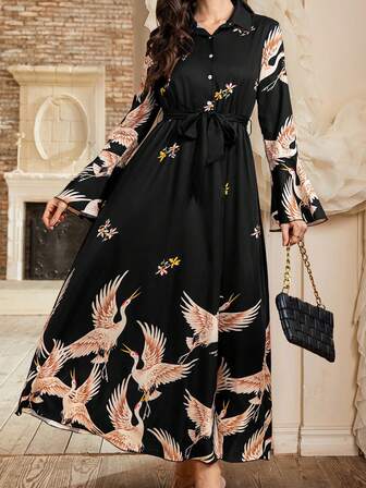 Spring And Summer Women's Casual Elegant Dating Middle East Style Crane Printed Black Flared Sleeve Long Dress (Random Print)