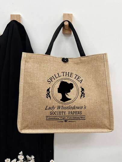 1pc Khaki Lady Whistledown Society Papers Printed Handbag, Large Capacity Shoulder Bag, Casual Tote Bag, Suitable For Commuting, School And Shopping, Reusable Printed Women's Tote Bag For Convenient Outdoor Use, Bookbag, Tote Bag For School, Perfect For The First Day For School, Perfect For Beach Vacation, Travel, And Vacation Essentials