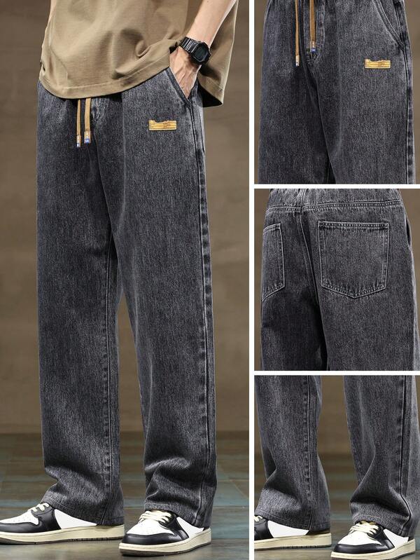 Denim de Jeans Lavado Desgastado com Cordão de Cintura para Homens Casual