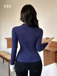 YIU Sweater Pendek Rajut Bergaris Ritsleting Penuh untuk Wanita, Kardigan Rajut Lengan Panjang dengan Kerah Lipat, Cocok untuk Musim Gugur/Musim Dingin, Model Pullover Sedikit Elastis - Navy Blue - View 9