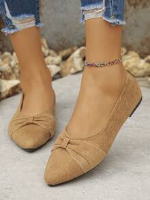 Sapatilhas Tipo Balé de Bico Fino com Laço, Estilo Minimalista de Cor Sólida, Salto Baixo, Plus Size, Fácil de Calçar, Elegantes para Uso Diário na Cor Marrom, Sapatos Femininos Plus Size