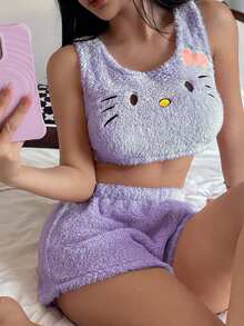 SANRIO Hello Kitty 情人节女士毛绒吊带背心+松紧腰短裤可爱睡衣套装（2件套） - 紫色 - 查看 4