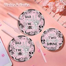 96 Pcs Bad Two The Bone Party Tableware Sets Rock And Roll 2nd Birthday Paper Plates Napkins Forks Bad 2 The Bone Party Decorations For Girls 2 Year Old Birthday Party Favors For 24 Guests - BadTwotheBone - Xem 5