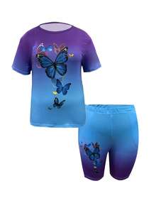 Plus Size Fashionable Women's Letter Butterfly Print Casual Shorts And Short-Sleeve Top Two-Piece Set; Digital Print Casual Suit Pants With Pockets - Màu xanh lam - Xem 2