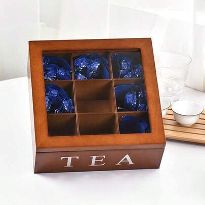 Vintage Solid Wood Tea Bag Box Organizer Storage Chest With 9 Compartments, Retro Tea Bags And Condiments Packet Holder With Visible Lid For Tea Bag Jewelry Coffee