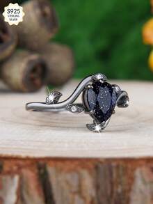 6*8mm/2ct Natural Lapis Lazuli & Moissanite Accented Pear-Shaped Galaxy Silver Ring, Elegant & Fashionable Women's Ring Suitable For Vacation, Party, Festival, Valentine's Day, Date, Daily Wear - Black - View 3