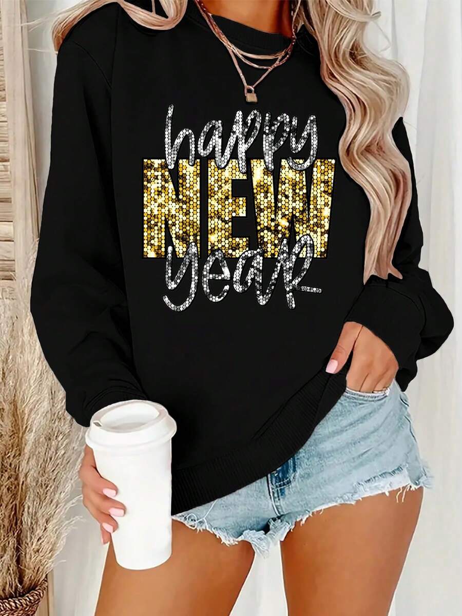 Winter Clothes For Women, Happy New Year! Wishing You A Happy And Prosperous New Year! Loose And Comfortable Hoodie Christmas - 黑色 - 查看 1