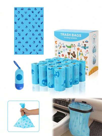 Bộ 106 túi đựng tã dùng một lần, 15 túi/cuộn, túi đựng chất thải cho em bé/thú cưng, túi đựng tã dùng hàng ngày cho em bé, túi đựng tã cho mèo, chó, thú cưng, túi đựng tã không mùi, thích hợp để trong xe hơi, với họa tiết dễ thương (Màu xanh dương)