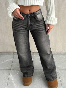 Tall Women's Light Blue Washed Low Waist Straight Leg Jeans, Retro Fashionable Loose Casual Pants