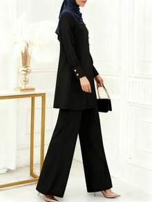 Women's Elegant Long Sleeve Button Decor Lantern Sleeve Round Neck Short Dress With Elastic Waist Flared Pants Set, Casual Solid Color Front Button Office Wear 2-Piece Outfit, Spring/Summer - Black - View 5