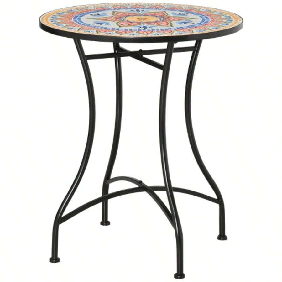 Outsunny Garden Table, Round Bistro-Style Table With Mosaic Top, Ceramic And Metal, Red, Blue And White, Ø 60 Cm - Red - View 1