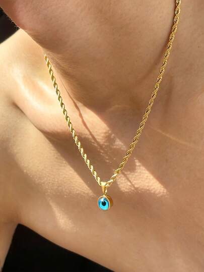 1件不锈钢波西米亚风蓝色眼睛圆形吊坠编织链项链，男女皆宜，适合日常佩戴