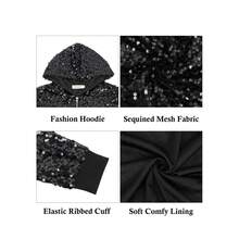 Women's Sequin Zip-Up Hooded Jacket With Ribbed Hem And Long Sleeves For Party Wear - Black - View 6