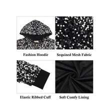 Women's Sequin Zip-Up Hooded Jacket With Ribbed Hem And Long Sleeves For Party Wear - Black and Silver - View 6