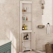 Tall Bathroom Cabinet, Three Open Shelves, Moisture-Proof Wing Doors, Movable Insert Shelves, Simple Design, White - White + MDF - View 3
