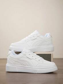 女士纯色低帮条纹系带休闲运动鞋，时尚舒适透气滑板鞋，户外步行跑步鞋 - 白色 - 查看 5