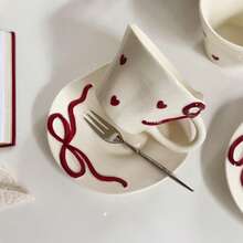 Cabin Kangaroo 1set Adorable Red Ribbon & Heart Ceramic Coffee Cup Set, Cute Valentine's Day Tea Cups With Saucer, Perfect For Romantic Breakfast & Gift For Her, Cottagecore Drinkware For Coffee Lovers - Nhiều màu - Xem 5