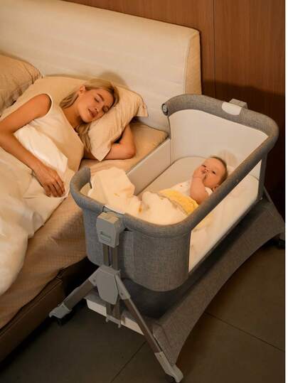  LADIDA 4 In 1 Baby Crib, Next To Me Crib, 6-Level Adjustable Bedside Easy Fold Travel Cot With Wheels, Storage, Mosquito Net And Matress Included, Portable Cribs For Newborn Infant