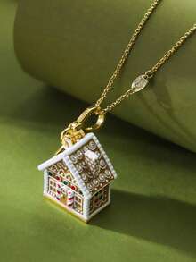 1pc Fashionable & Elegant Enamel Glazed Cubic Zirconia Openable Candy Snow House Christmas Ornament Gingerbread House Pendant Necklace, Suitable For Women's Sweet & Graceful Party Jewelry, Bag, Keychain Pendant, Christmas Gift