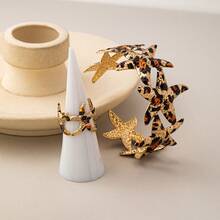 2pcs European & American Exaggerated Leopard Print Asymmetrical Geometric Open Bangle & Ring Set - Multicolor - View 4