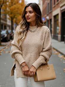 2026 Must-Have For The New Year Plus Size Women's Casual Square Neck Sweater - Smooth Acrylic Knit Fabric,  Knitted Sweater, Pullover Jumper Medium Stretch, Regular Length | Hand Wash Or Professional Dry Clean | Button Detail Clothing - Elegant Beige Pullover For Fall And Winter, Long-Sleeved Opaque Top, Machine Washable For Everyday And Formal Wear (Suitable For Curvy Women), Women's Sweaters, Comfortable And Warm Clothing, Simple Look, Classic Knit, Durable Fabric, Casual And Fashionable Long-Sleeved Sweatshirt, Direct From Local Warehouse - 香檳色 - 查看 3