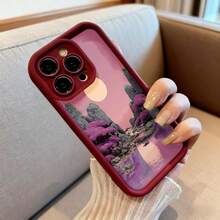 Cubierta de teléfono con borde negro diseño de paisaje con flores moradas y luna rosa para iPhone 14 Pro Max protección contra golpes ideal para uso diario y viajes - Café integral - Ver 6