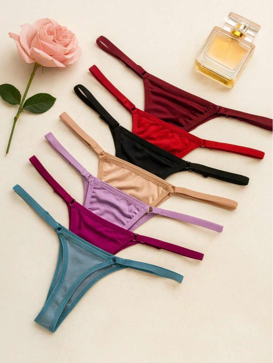 Set Of 5 Thong Panties With Adjustable Straps, Seamless, Polyester, 100% Cotton Gusset, Comfortable For Everyday Wear, Lingerie, Sensual - 彩色 - 查看 1