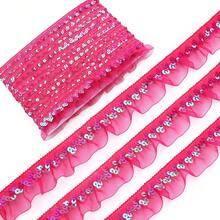 Black Elastic Ruffle Trim Sequin Pleated Lace Trim Ribbon Sewing Cloth Applique Embellishment Party Decoration - Hot Pink - View 7