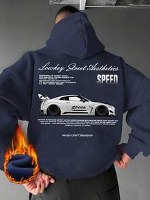 GRDR 男士连帽衫，汽车元素印花，袋鼠口袋，秋冬新款街头时尚 - 藏蓝色 - 查看 2